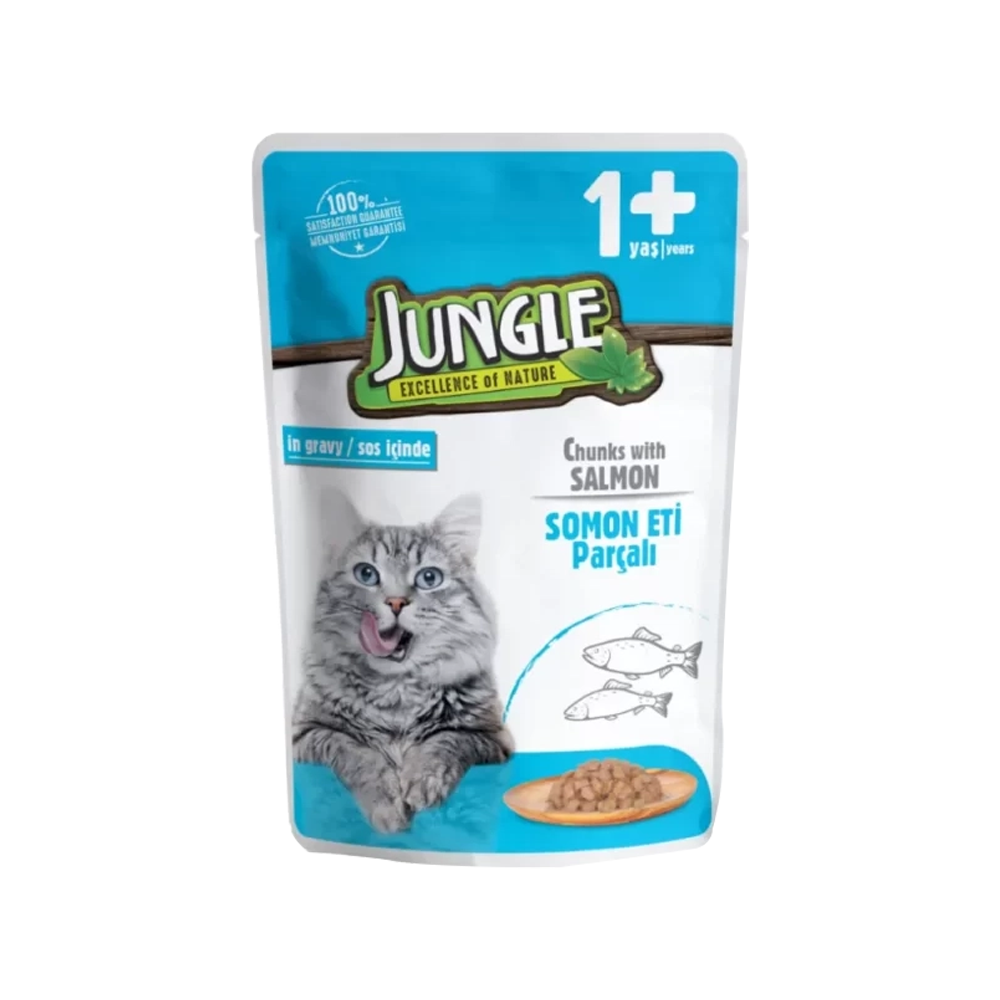 6Pcs Jungle Pouch Cat Wet Food Adult salmon in Jelly 100g